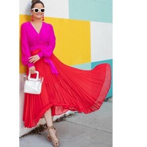 DELFI Collective Camille Dress Pink Red Long Sleeve Pleated Midi Sz XS